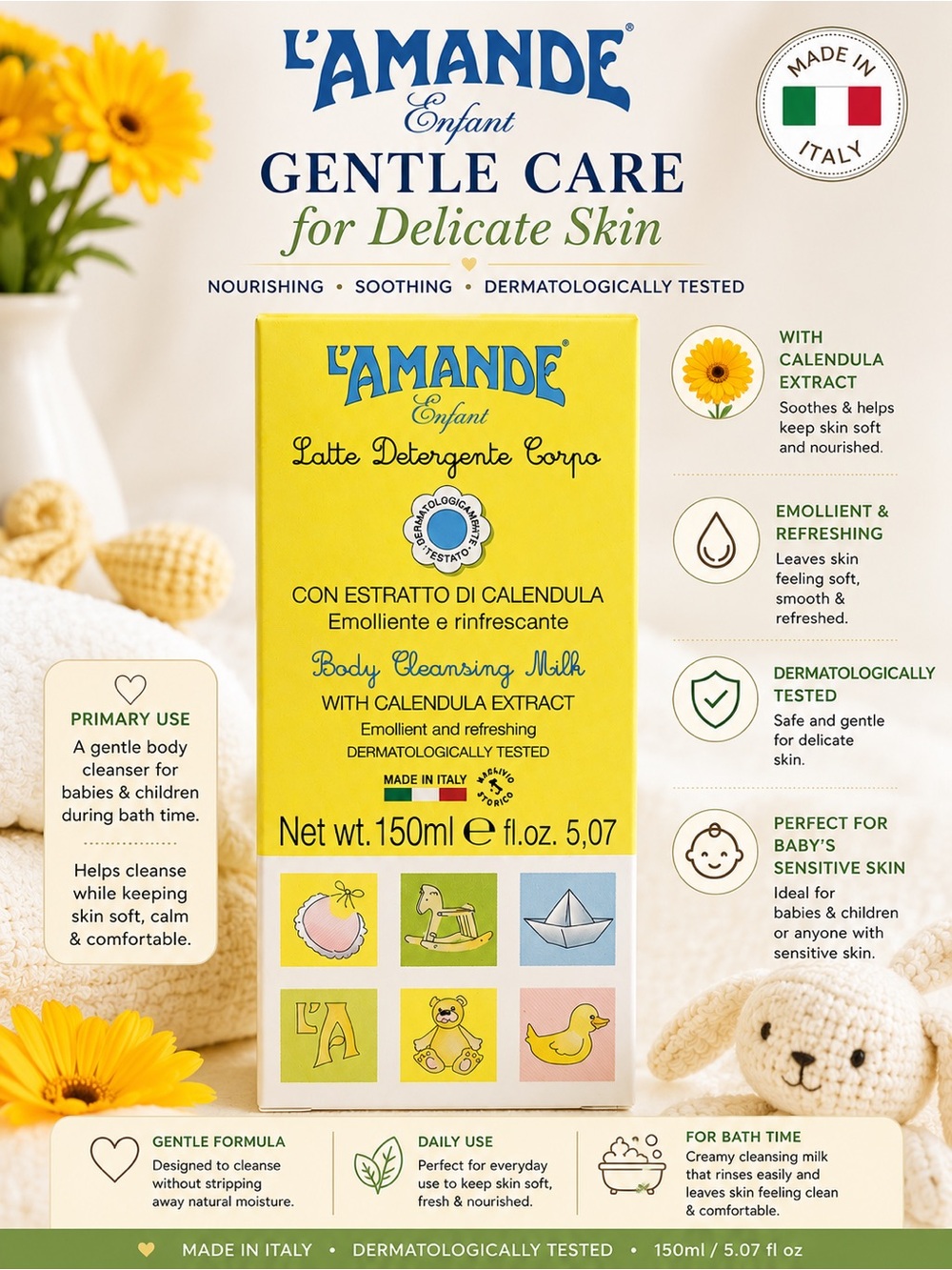 L’AMANDE Enfant Body Cleansing Milk 150ml Baby Wash w/ Calendula Sensitive